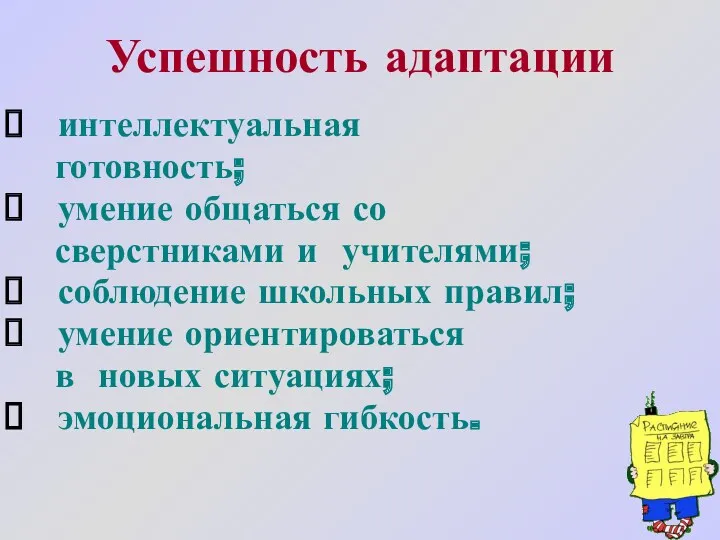 Успешность адаптации интеллектуальная готовность; умение общаться со сверстниками и учителями;