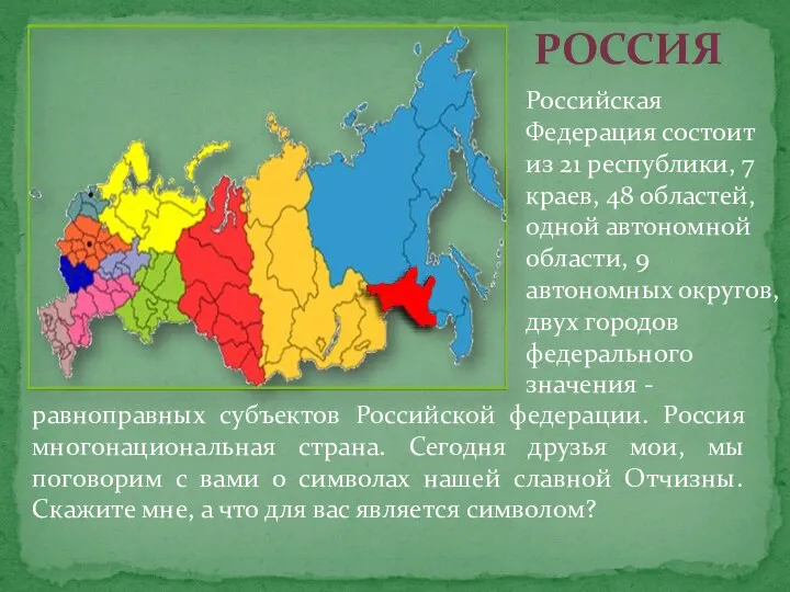 Российская Федерация состоит из 21 республики, 7 краев, 48 областей, одной автономной области,