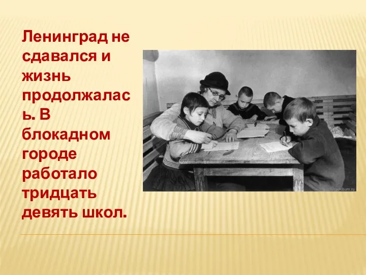 Ленинград не сдавался и жизнь продолжалась. В блокадном городе работало тридцать девять школ.