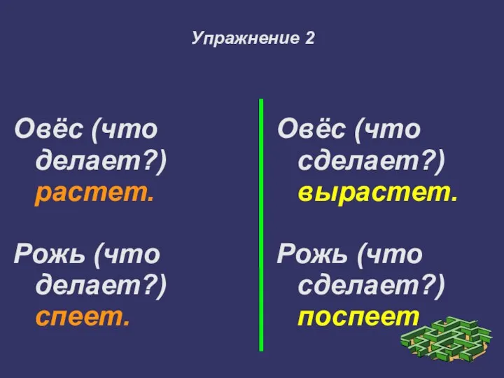 Упражнение 2 Овёс (что делает?) растет. Рожь (что делает?) спеет.