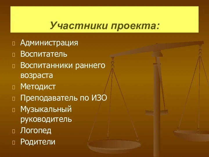 Участники проекта: Администрация Воспитатель Воспитанники раннего возраста Методист Преподаватель по ИЗО Музыкальный руководитель Логопед Родители