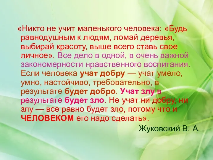 «Никто не учит маленького человека: «Будь равнодушным к людям, ломай деревья, выбирай красоту,