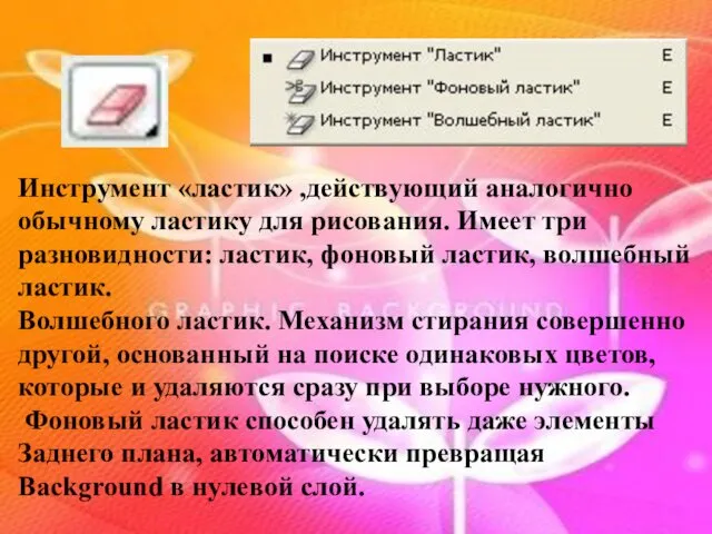 Инструмент «ластик» ,действующий аналогично обычному ластику для рисования. Имеет три