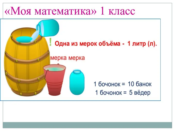 «Моя математика» 1 класс Тема урока: «Литр» Цель: познакомиться