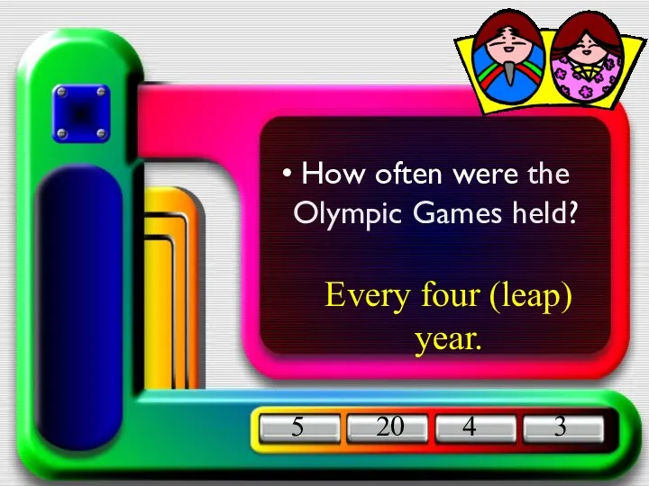 How often were the Olympic Games held? 5 20 4 3 Every four (leap) year.