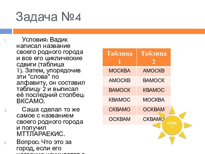 Задача №4 Условия: Вадик написал название своего родного города и