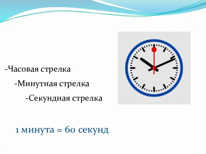 Часовая стрелка Минутная стрелка Секундная стрелка 1 минута = 60 секунд