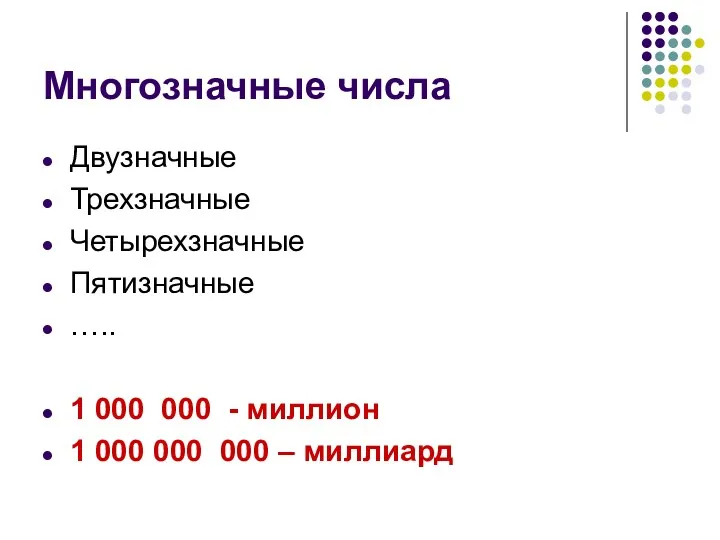 Многозначные числа Двузначные Трехзначные Четырехзначные Пятизначные ….. 1 000 000 - миллион 1