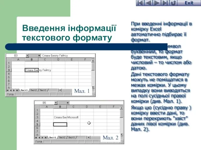 Введення інформації текстового формату При введенні інформації в комірку Excel