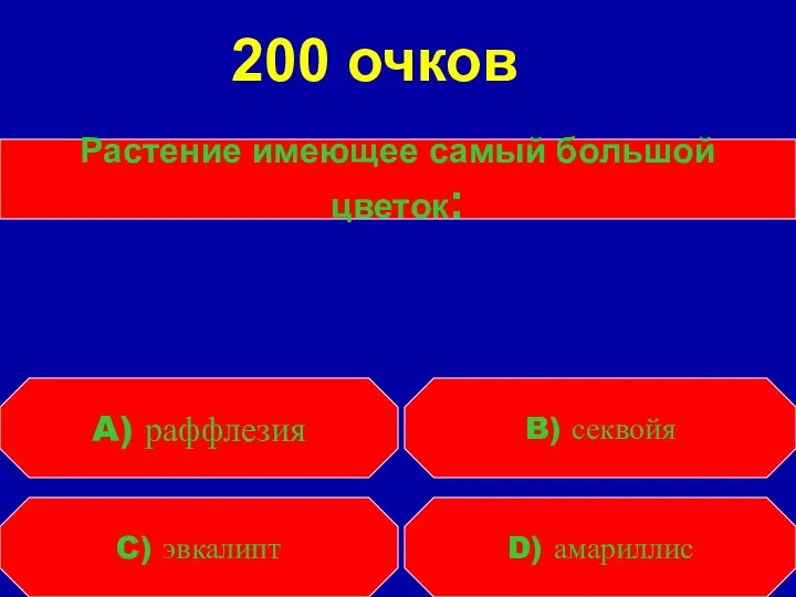 Растение имеющее самый большой цветок: C) эвкалипт D) амариллис A) раффлезия B) секвойя 200 очков