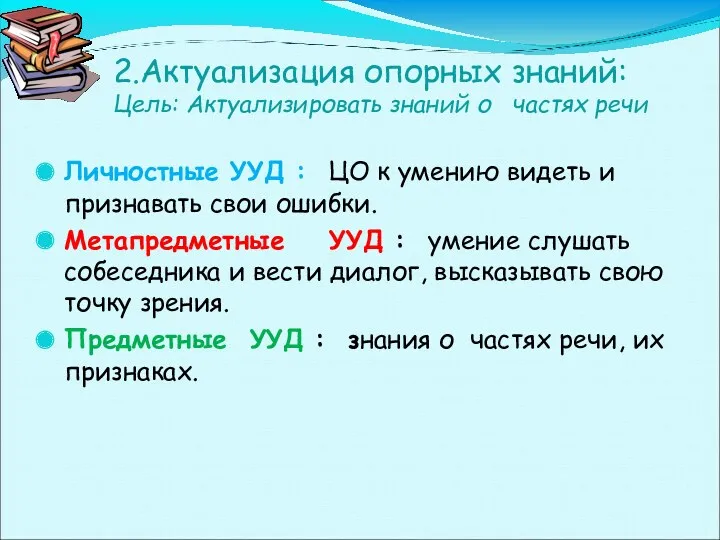 2.Актуализация опорных знаний: Цель: Актуализировать знаний о частях речи Личностные