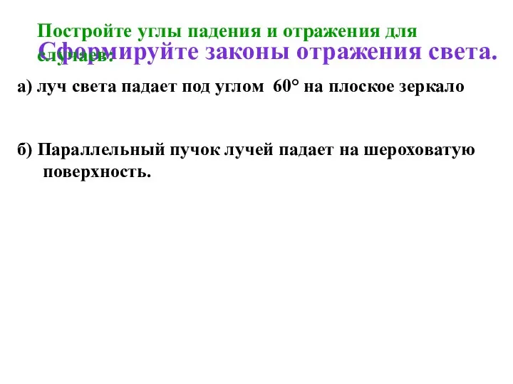 Сформируйте законы отражения света. Постройте углы падения и отражения для