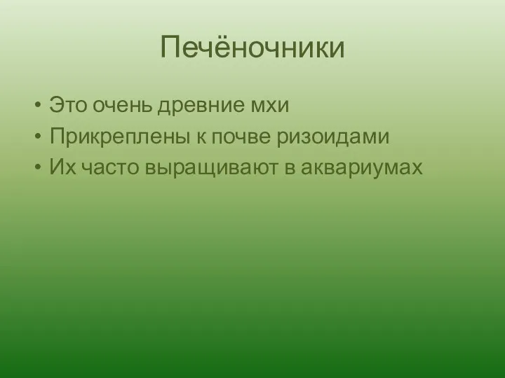 Печёночники Это очень древние мхи Прикреплены к почве ризоидами Их часто выращивают в аквариумах