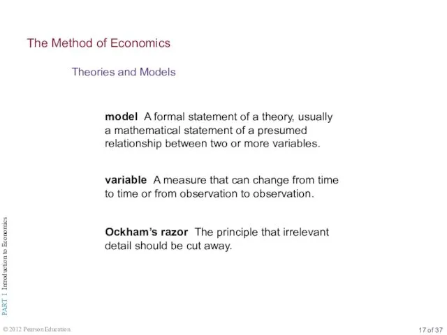 Theories and Models The Method of Economics model A formal statement of a