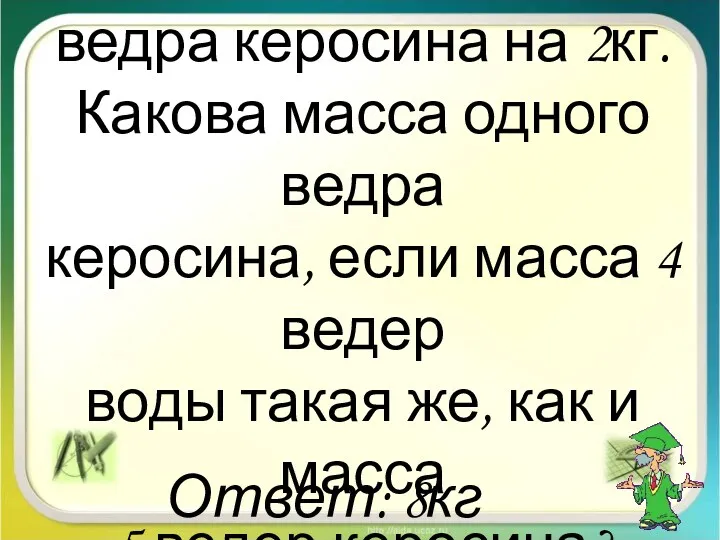 Ведро воды тяжелее такого же ведра керосина на 2кг. Какова