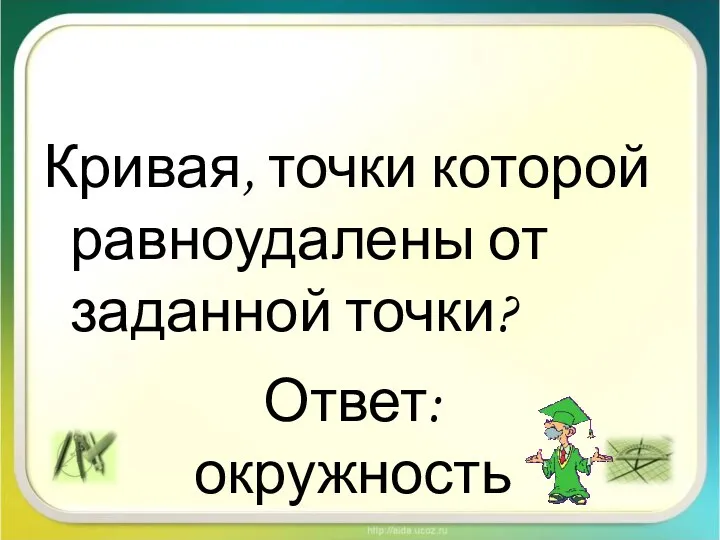 Кривая, точки которой равноудалены от заданной точки? Ответ: окружность