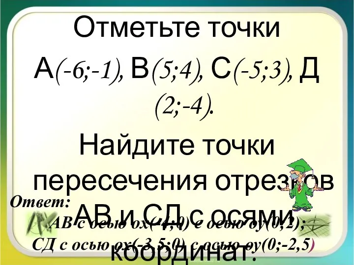 Отметьте точки А(-6;-1), В(5;4), С(-5;3), Д(2;-4). Найдите точки пересечения отрезков