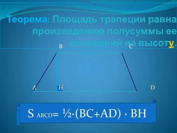 Теорема: Площадь трапеции равна произведению полусуммы ее оснований на высоту.