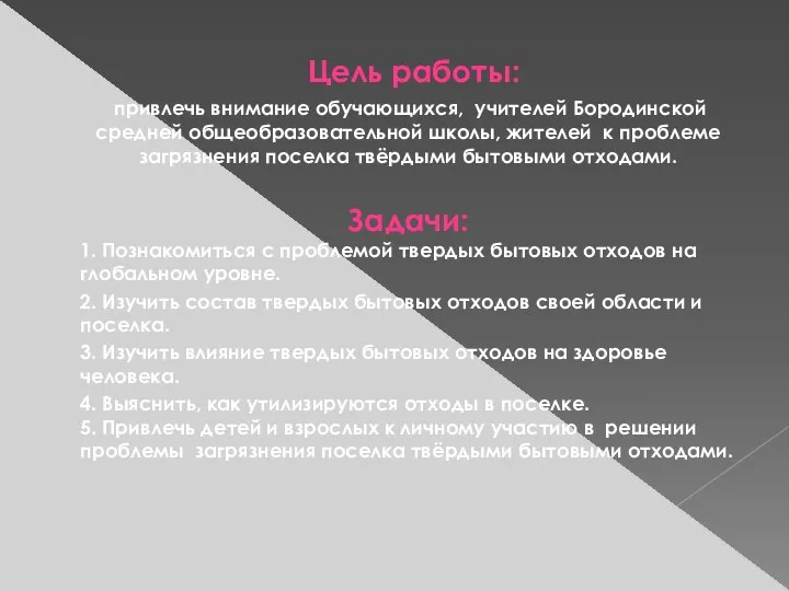 Цель работы: привлечь внимание обучающихся, учителей Бородинской средней общеобразовательной школы,