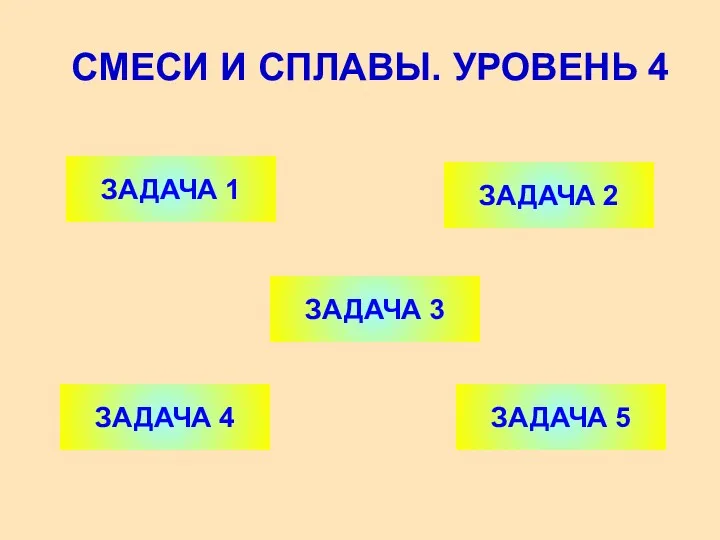 СМЕСИ И СПЛАВЫ. УРОВЕНЬ 4 ЗАДАЧА 1 ЗАДАЧА 2 ЗАДАЧА 4 ЗАДАЧА 3 ЗАДАЧА 5