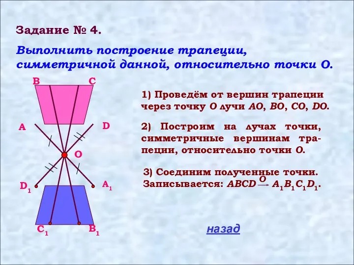 Задание № 4. Выполнить построение трапеции, симметричной данной, относительно точки