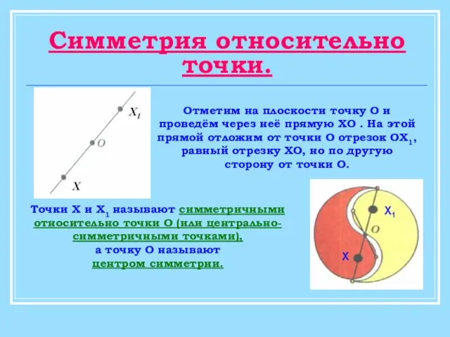 Симметрия относительно точки. Точки Х и Х1 называют симметричными относительно