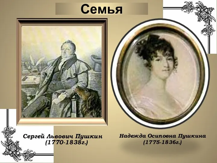 Семья Сергей Львович Пушкин (1770-1838г.) Надежда Осиповна Пушкина (1775-1836г.)