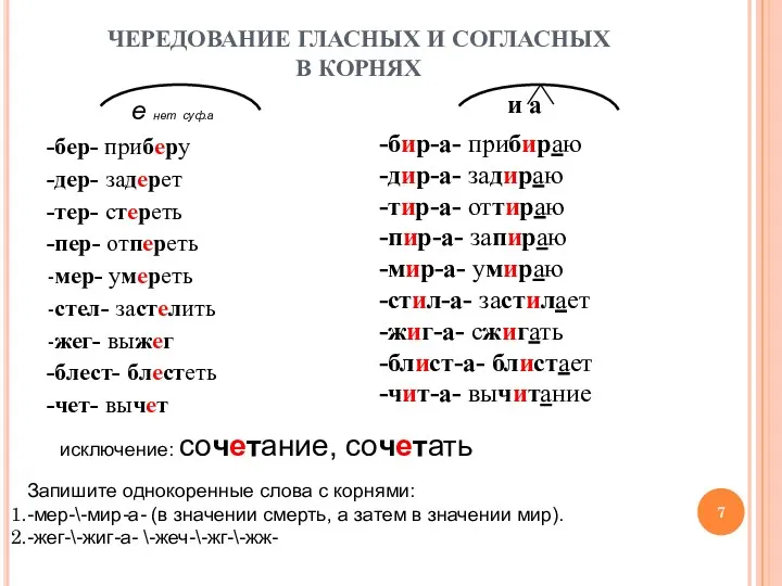 ЧЕРЕДОВАНИЕ ГЛАСНЫХ И СОГЛАСНЫХ В КОРНЯХ и а -бер- приберу