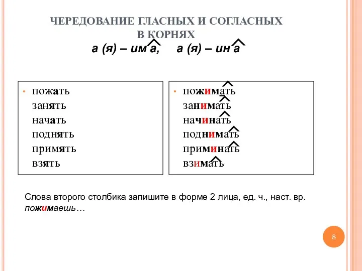 ЧЕРЕДОВАНИЕ ГЛАСНЫХ И СОГЛАСНЫХ В КОРНЯХ пожать занять начать поднять