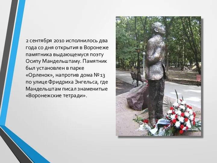 2 сентября 2010 исполнилось два года со дня открытия в Воронеже памятника выдающемуся