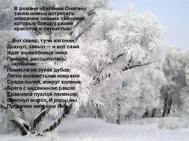 В романе «Евгений Онегин» также можно встретить описание зимних пейзажей,