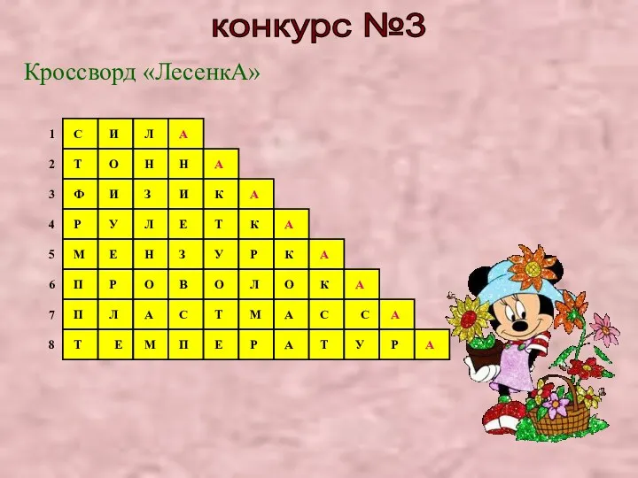 конкурс №3 Кроссворд «ЛесенкА» 1 2 3 4 5 6