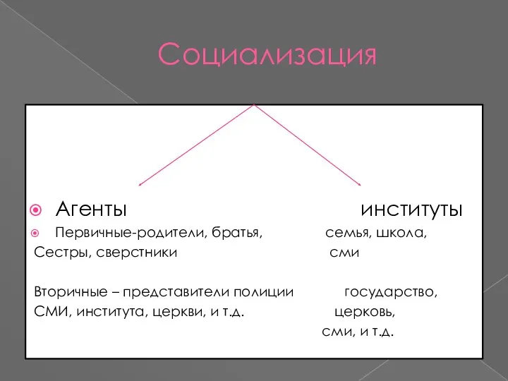 Социализация Агенты институты Первичные-родители, братья, семья, школа, Сестры, сверстники сми