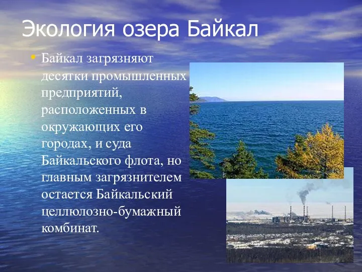 Экология озера Байкал Байкал загрязняют десятки промышленных предприятий, расположенных в