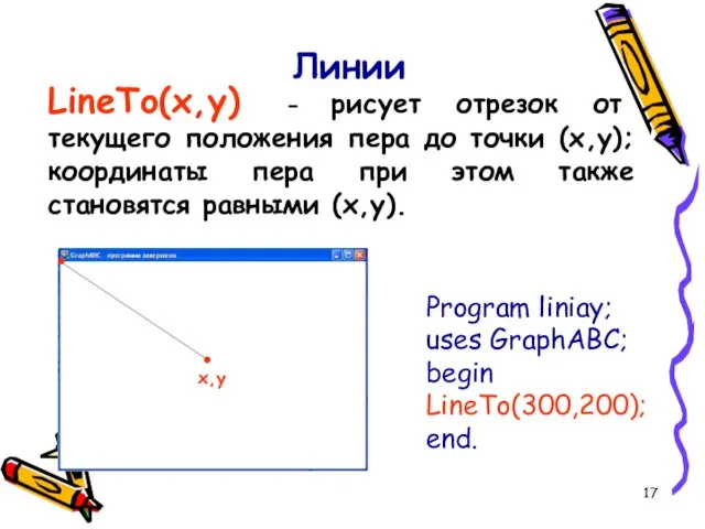 Линии LineTo(x,y) - рисует отрезок от текущего положения пера до