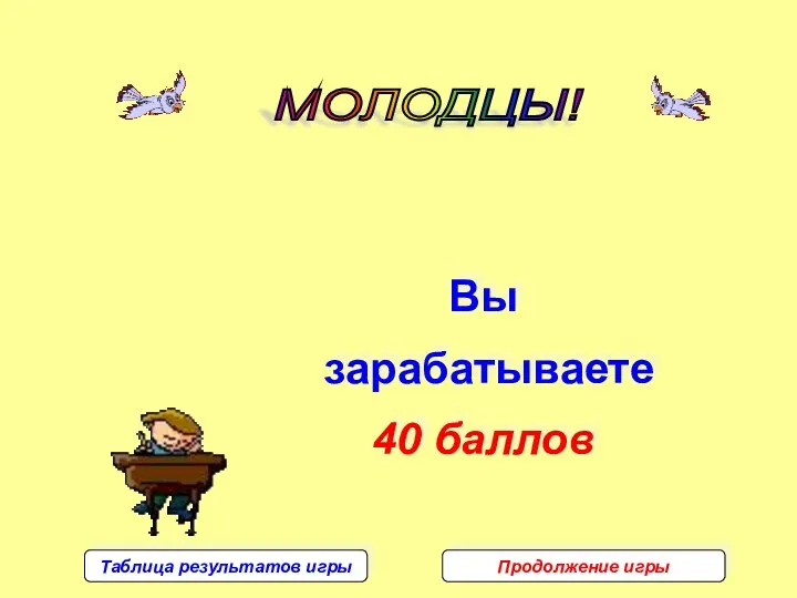 МОЛОДЦЫ! Вы зарабатываете 40 баллов Таблица результатов игры Продолжение игры