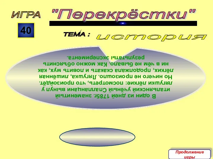 история ИГРА ТЕМА : 40 В один из дней 1785г. знаменитый итальянский учёный