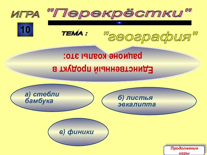 в) финики б) листья эвкалипта а) стебли бамбука ИГРА "Перекрёстки" ТЕМА : 10