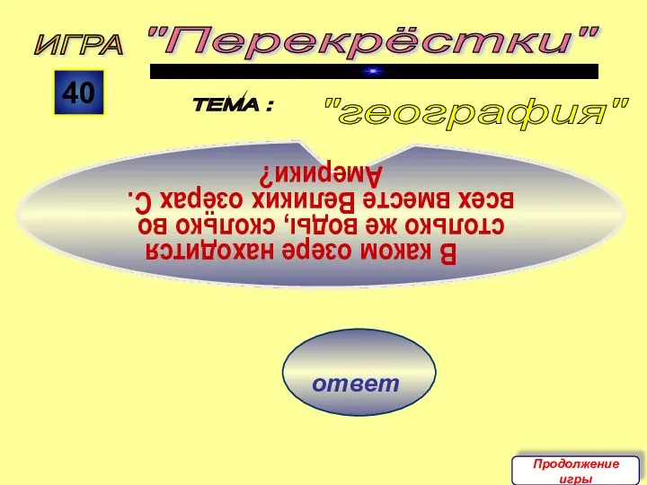 ответ ИГРА "Перекрёстки" ТЕМА : 40 В каком озере находится столько же воды,