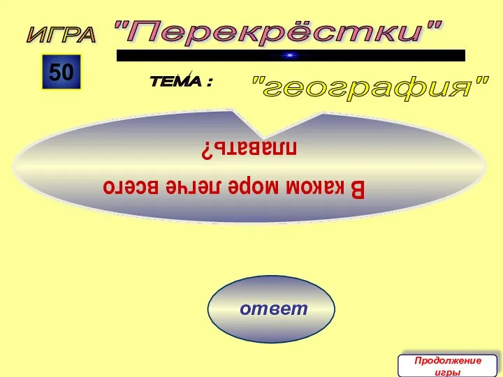 ответ ИГРА "Перекрёстки" ТЕМА : 50 В каком море легче всего плавать? "география" Продолжение игры