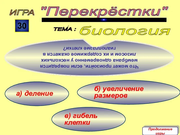 в) гибель клетки б) увеличение размеров а) деление ИГРА "Перекрёстки" ТЕМА : 30