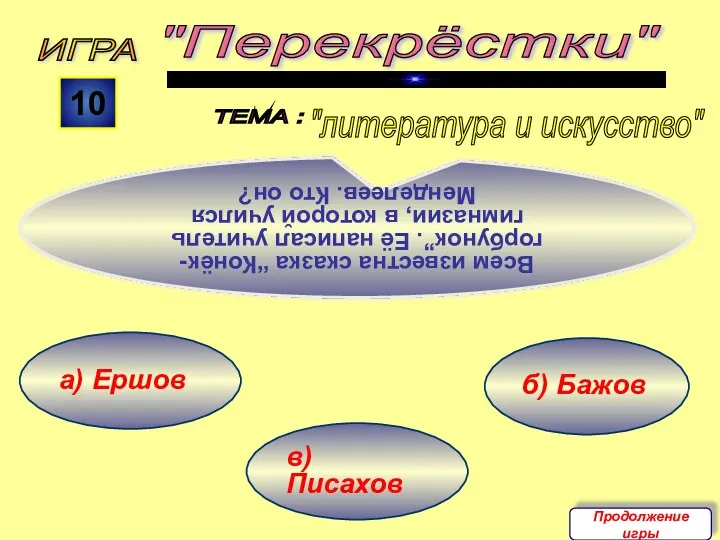 в) Писахов б) Бажов а) Ершов ИГРА "Перекрёстки" ТЕМА : 10 Всем известна