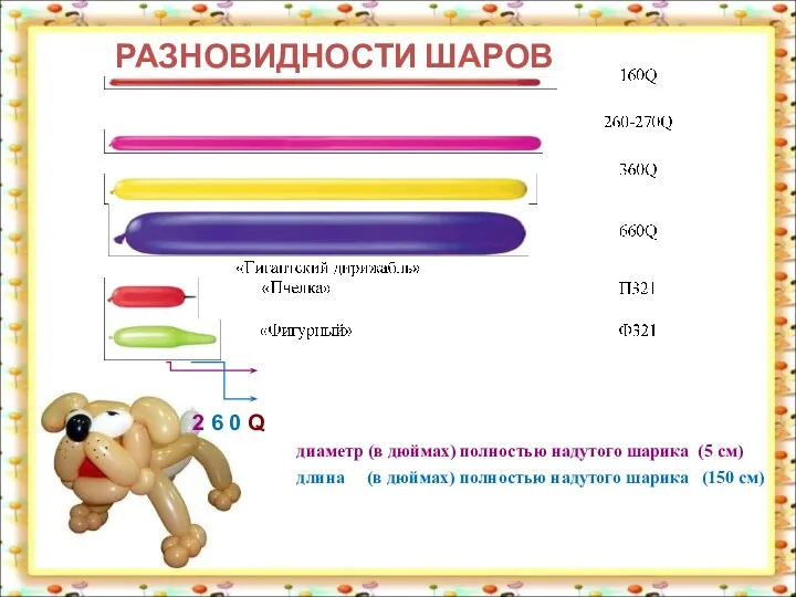 РАЗНОВИДНОСТИ ШАРОВ 2 6 0 Q диаметр (в дюймах) полностью