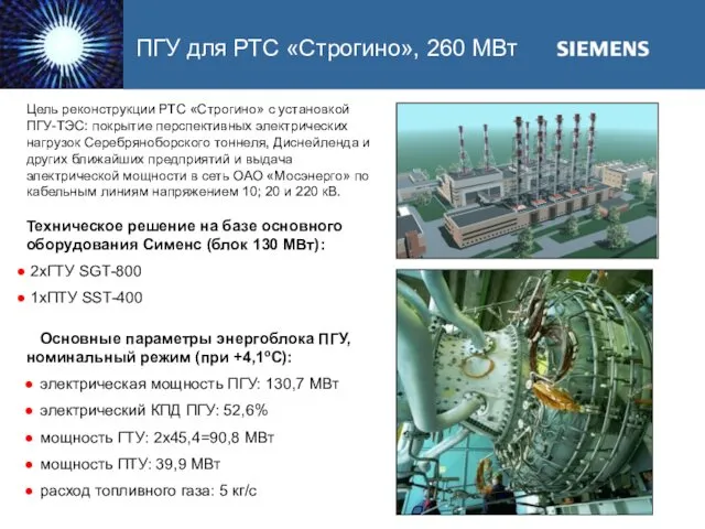 ПГУ для РТС «Строгино», 260 МВт Цель реконструкции РТС «Строгино»