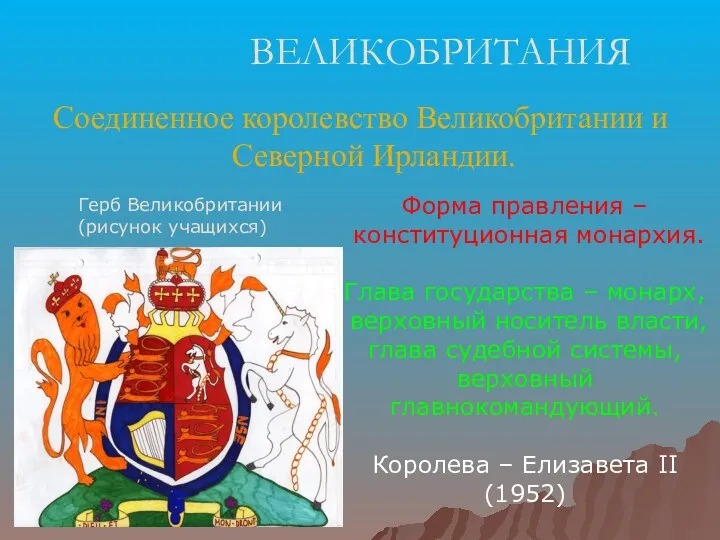 ВЕЛИКОБРИТАНИЯ Соединенное королевство Великобритании и Северной Ирландии. Герб Великобритании (рисунок