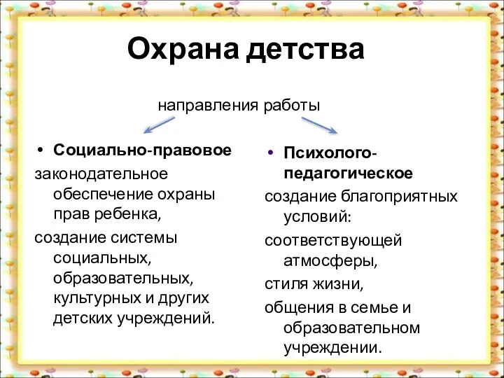 Охрана детства Социально-правовое законодательное обеспечение охраны прав ребенка, создание системы