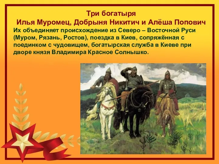 Три богатыря Илья Муромец, Добрыня Никитич и Алёша Попович Их объединяет происхождение из