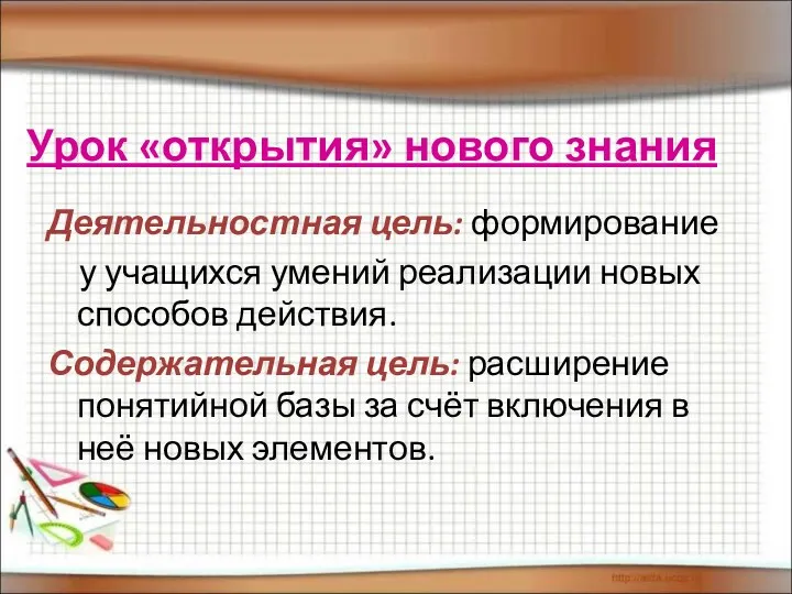 Урок «открытия» нового знания Деятельностная цель: формирование у учащихся умений реализации новых способов