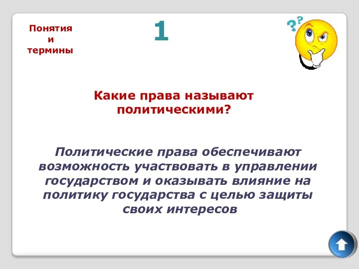 Понятия и термины 1 Какие права называют политическими? Политические права