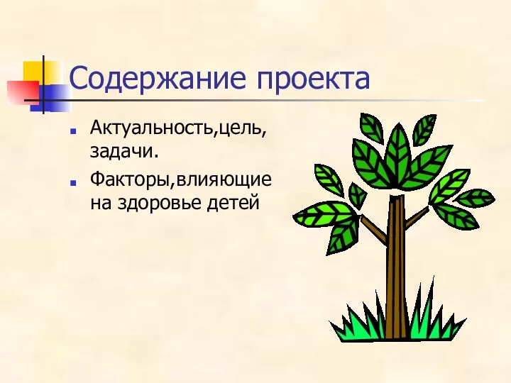 Содержание проекта Актуальность,цель, задачи. Факторы,влияющие на здоровье детей